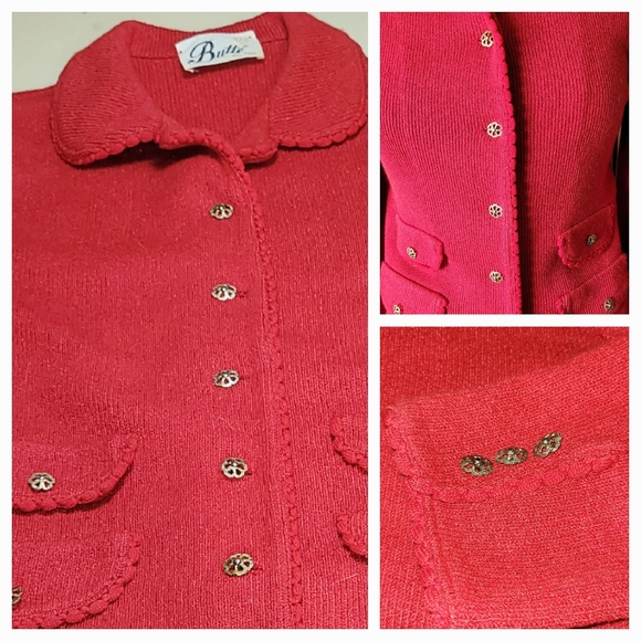 Butte vintage knit SWEATER JACKET RED brass flower buttons M - Picture 5 of 5